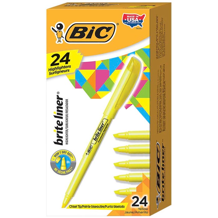 BIC Brite Liner Chisel Tip Pocket Style Highlighter, Yellow, Pack of 24