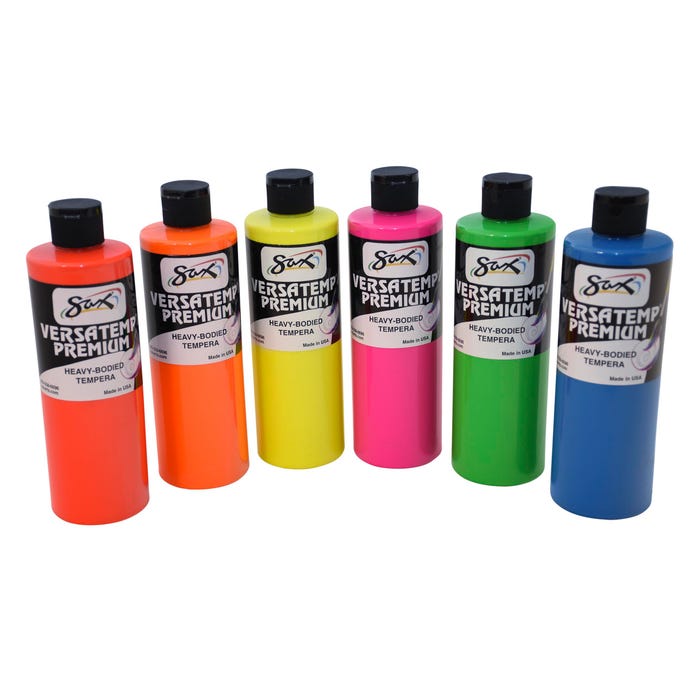 Sax Versatemp Premium Deluxe Tempera Paint, 1 Pint Bottles, Assorted Fluorescent Colors, Set of 6