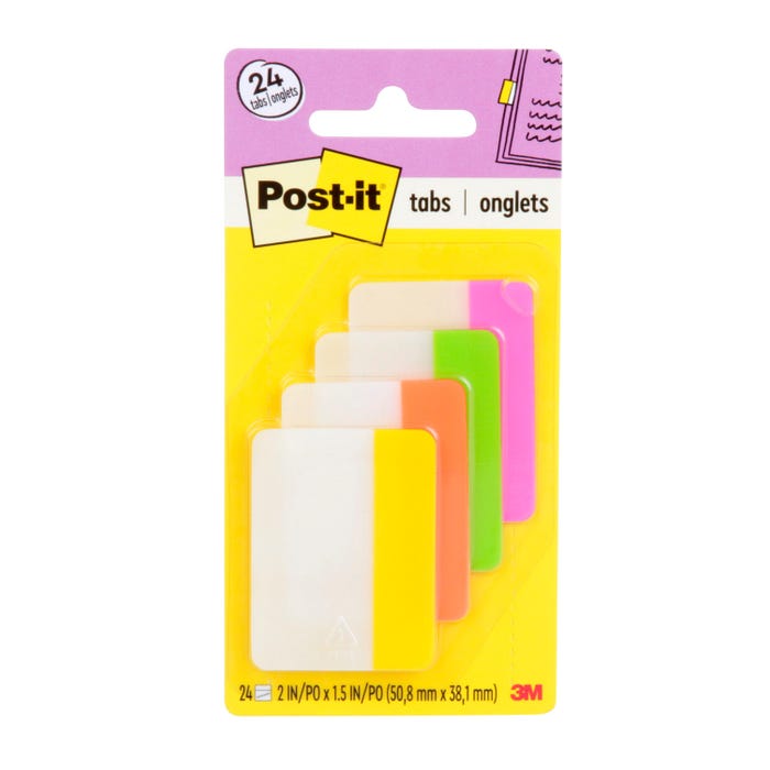 Post-it Filing Tabs, 2 Inches, Flat, Assorted Bright Colors, Set of 24