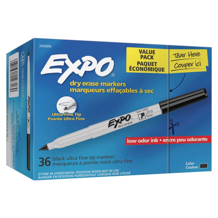 EXPO Low Odor Dry Erase Markers Value Pack, Ultra Fine Tip, Black, Pack of 36