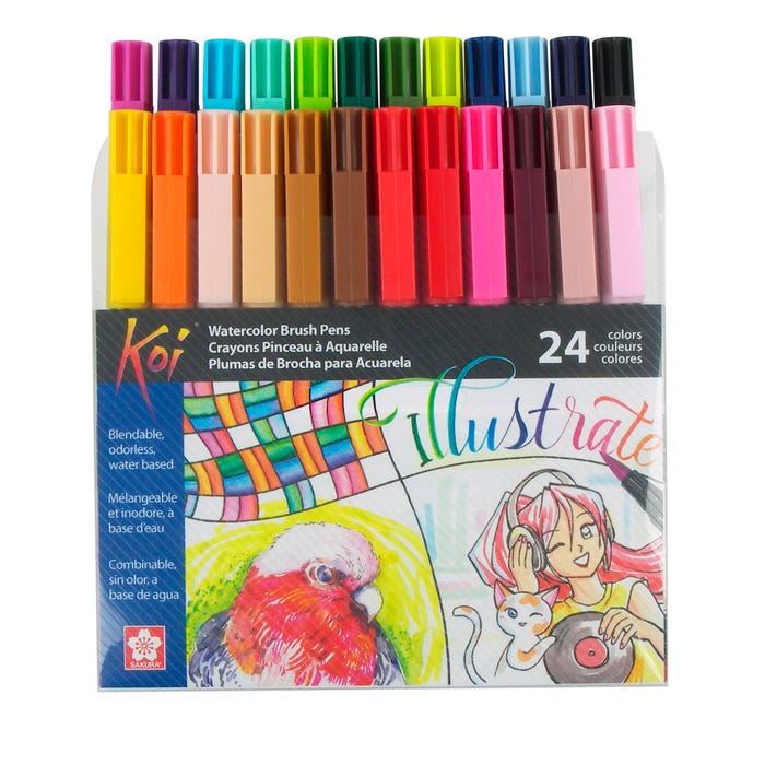Sakura Koi Dye-Based Coloring Brush Marker, Flexible Nylon Tip, Assorted Colors, Set of 24