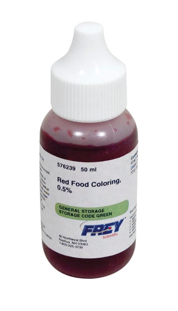 Frey Scientific Food Coloring, Red #40, 0.5%, 50 mL, Lab Grade, Item Number 576239