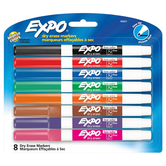 EXPO Low Odor Dry Erase Markers, Fine Tip, Assorted Colors, Set of 8