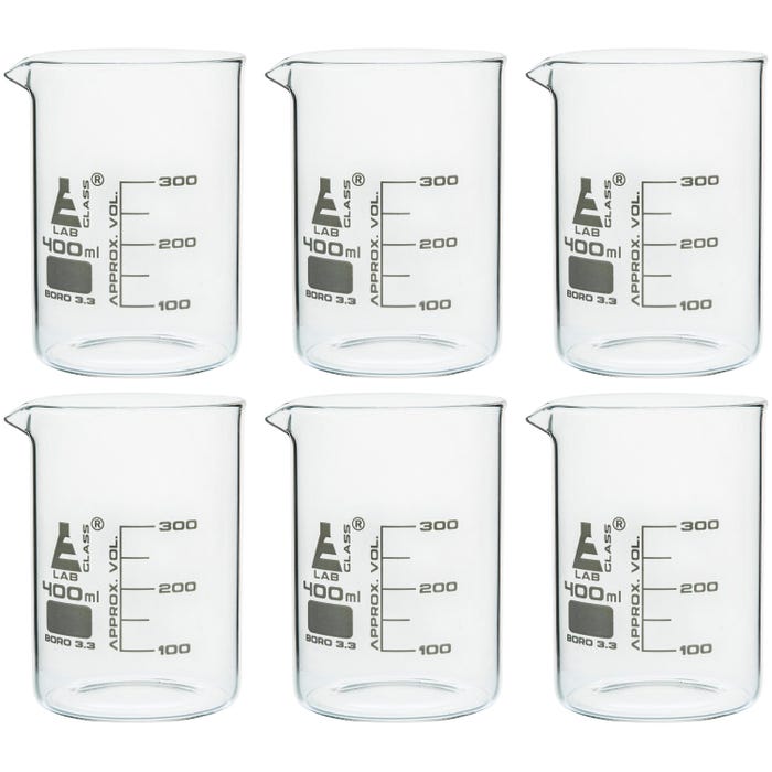 Eisco 400mL Borosilicate Glass Beakers with Spout, Low Form, Pack of 6