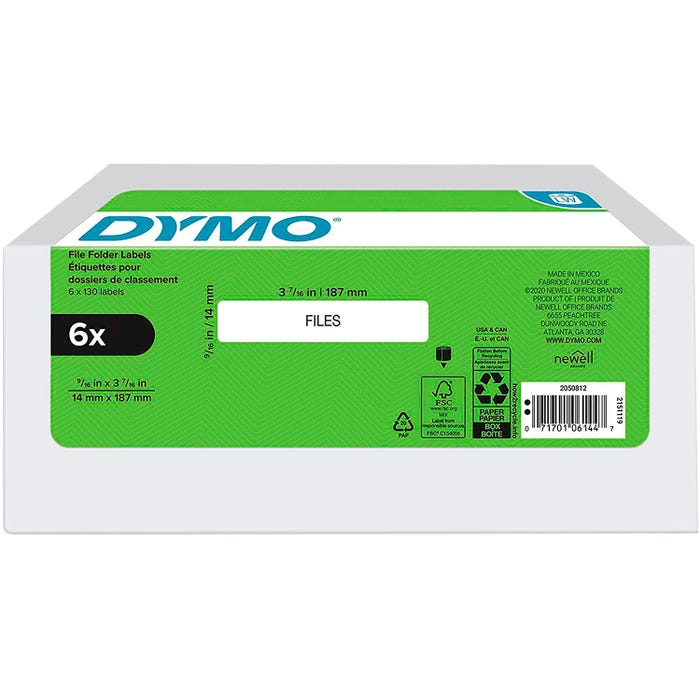 DYMO LabelWriter File Folder Labels, 9/16 x 3-7/16 Inches, White, 130 Labels/Roll, Box of 6