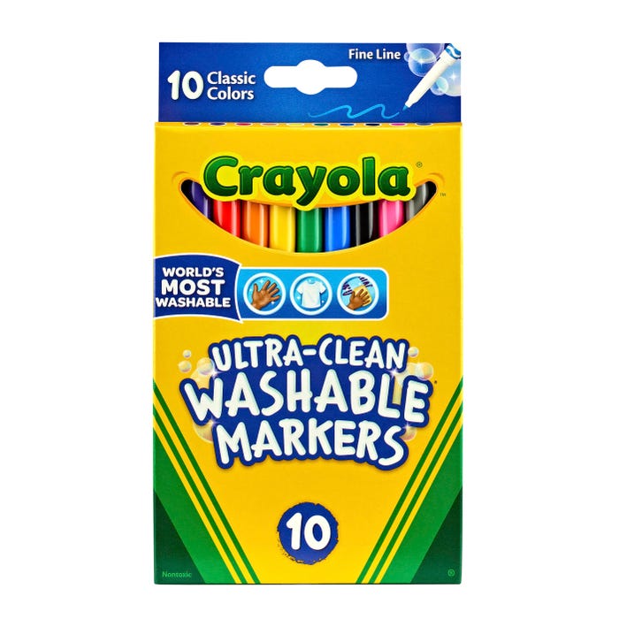 Crayola Ultra-Clean Washable Markers, Fine Line, Assorted Colors, Set of 10