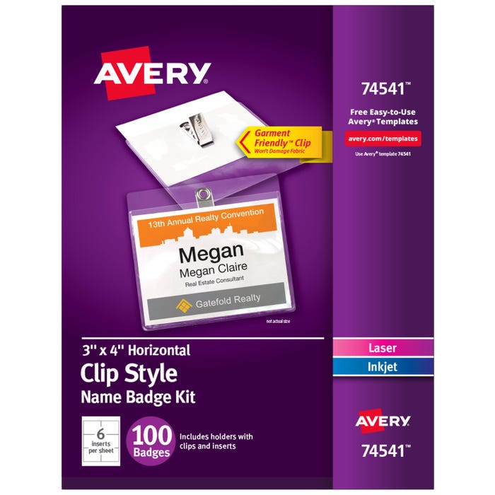 Avery Clip Style Name Badges, 3 x 4 Inches Each, 100 Badges with Clips