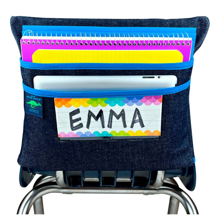 Aussie Pouch Chair Pocket with Double Pocket Design and Name Tag Pocket, Large, 17 Inches, Blue Trim