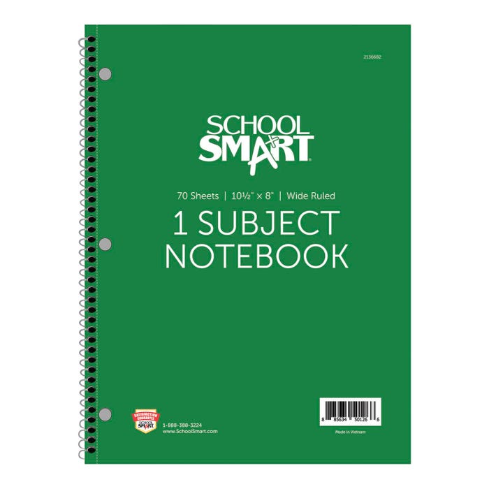 School Smart Wide Ruled Spiral Notebook, 8 x 10-1/2 Inches, 1 Subject, Green, 70 Sheets
