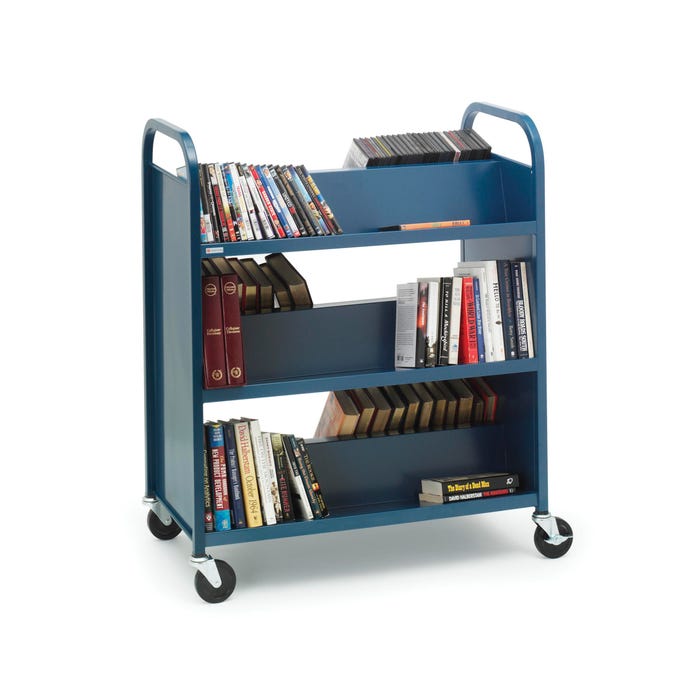 Bretford Double Sided Steel Book Cart Utility Truck, 3 Slanted Shelves, 36 x 18 x 43