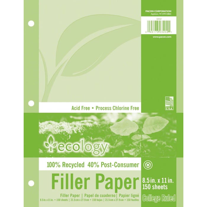 Ecology Recycled Filler Paper, 8-1/2 x 11 Inches, College Ruled, 150 Sheets