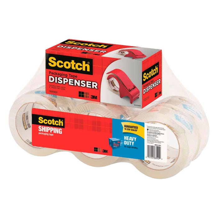 Scotch Heavy Duty Shipping Packaging Tape, 1.88 Inches x 54.6 Yards, Clear, Set of 6 Rolls and 1 Dispenser