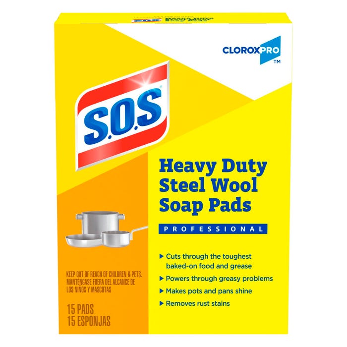 CloroxPro S.O.S. Heavy Duty Steel Wool Soap Pads, 5 x 4 Inches, Pack of 15