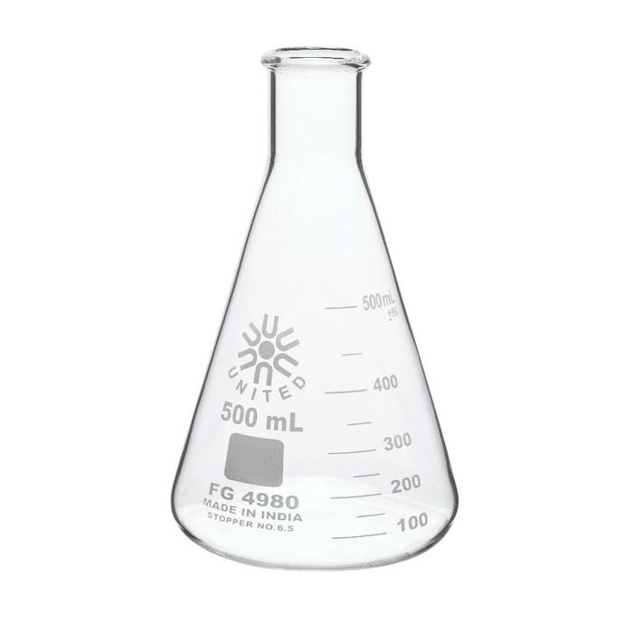 United Scientific Narrow Mouth Erlenmeyer Flasks, Borosilicate Glass, 500 Milliliters, Pack of 6