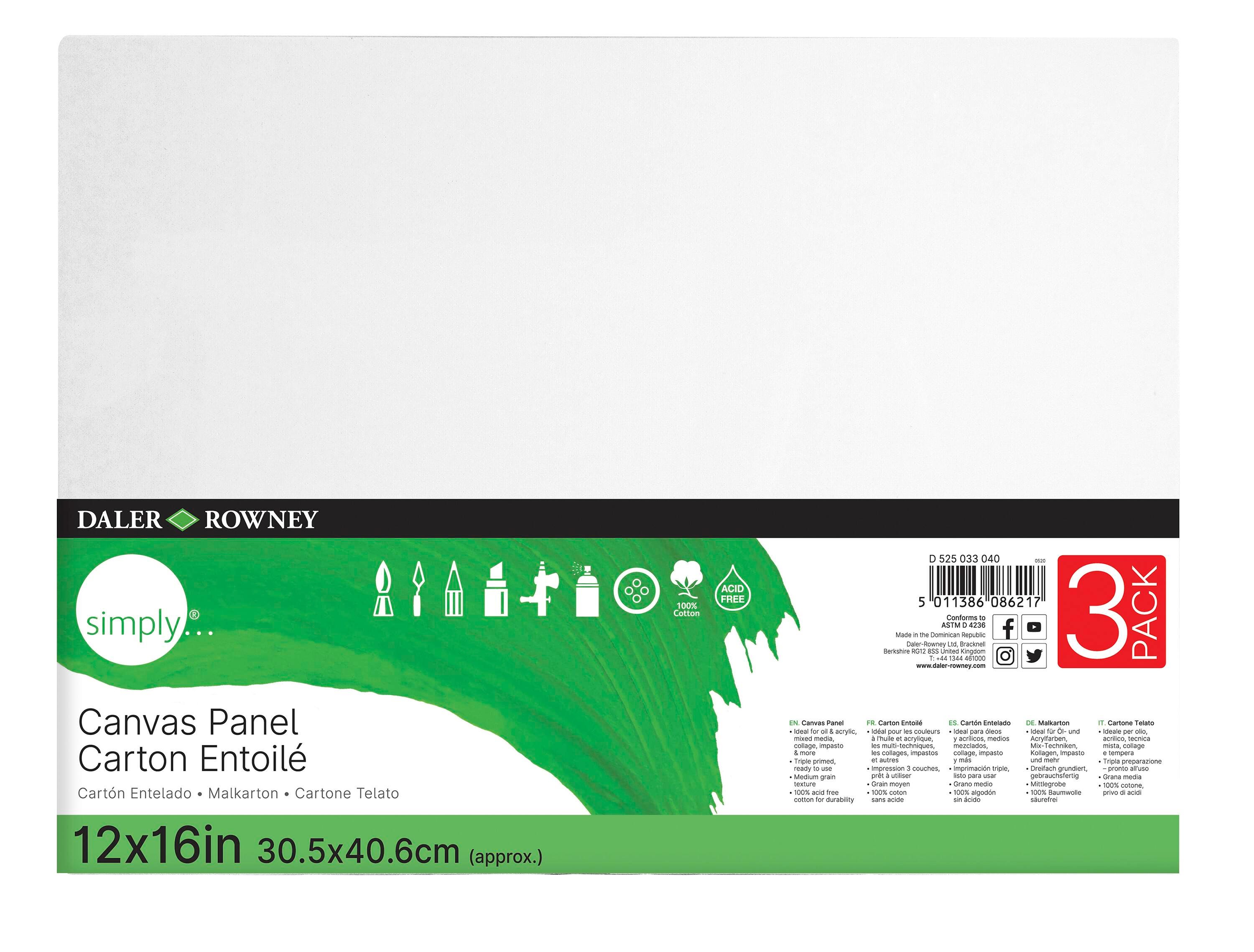 Daler-Rowney Simply Canvas Panel, 12 x 16 Inches, Pack of 3, Item Number 2096258