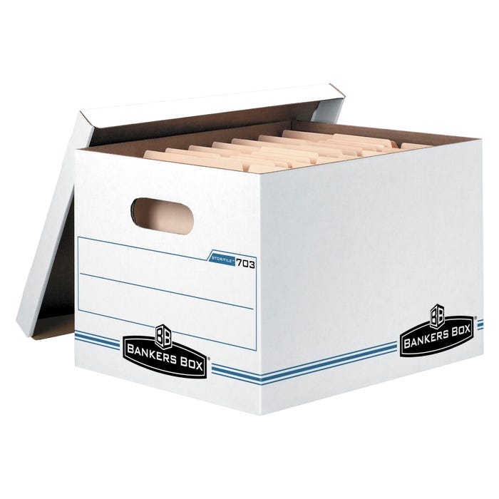 Bankers Box Stor/File Basic-Duty File Storage Box, Letter/Legal Size, 12 x 15 x 10 Inches, White/Blue, Pack of 4