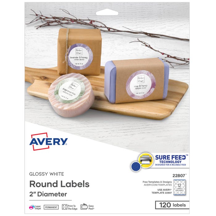 Avery Round Labels, 2 Inch Diameter, White Gloss, Pack of 120