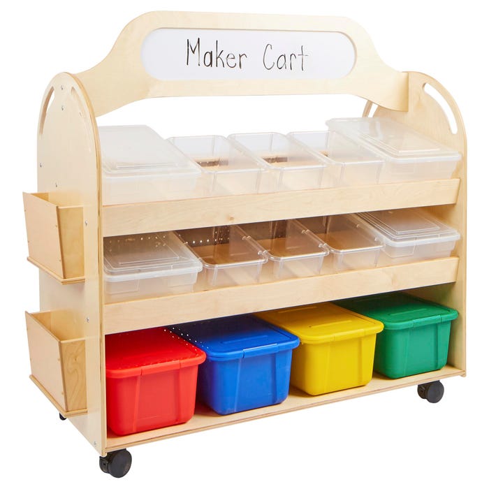 Childcraft Mobile Makerspace Cart, Clear, Translucent, and Assorted Color Trays, 48-1/4 x 22-1/2 x 49 Inches