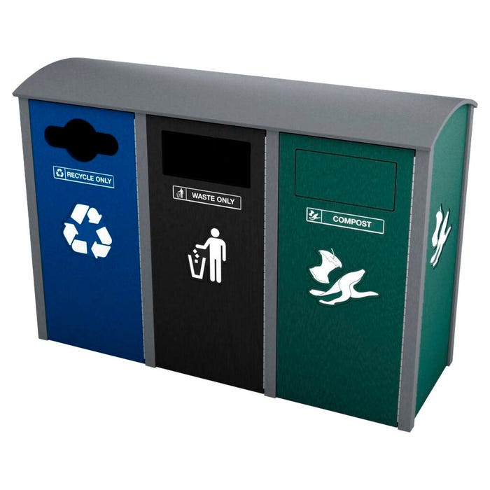 Berkeley 32 Gallon Sideload Triple Recycle Station, Curve Top, 58 x 21 x 46 Inches