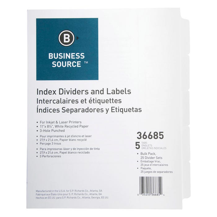 Business Source Index Dividers, 5 Tab, 3-Hole Punched, White, 25 Sets