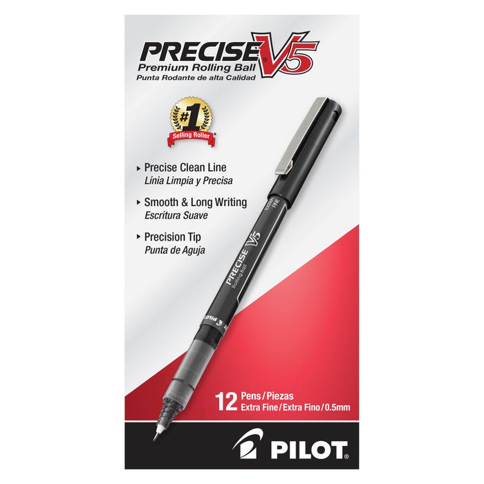 Pilot Precise V5 Premium Rolling Ball Stick Pens, Extra Fine Point, Black Ink, Pack of 12