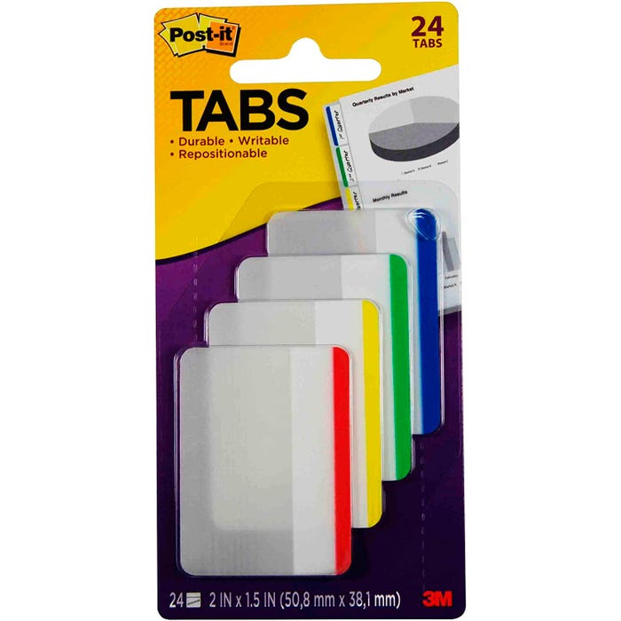 Post-it Filing Tabs, 2 Inches, Lined, Assorted Primary Colors, Set of 24