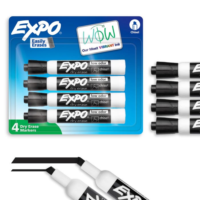 EXPO Low-Odor Dry Erase Markers, Chisel Tip, Black, Pack of 4