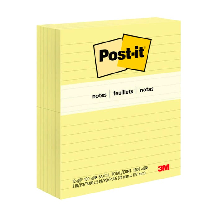 Post-it Lined Original Notes, 3 x 5 Inches, Canary Yellow, Pack of 12