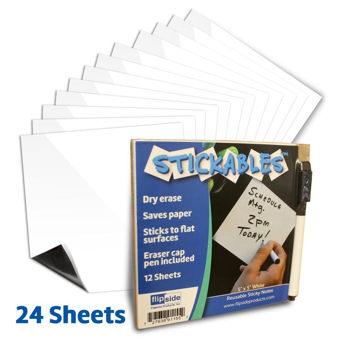 Flipside White Dry Erase Stickables with Dry Erase Marker, 5 x 5 Inches, Pack of 24
