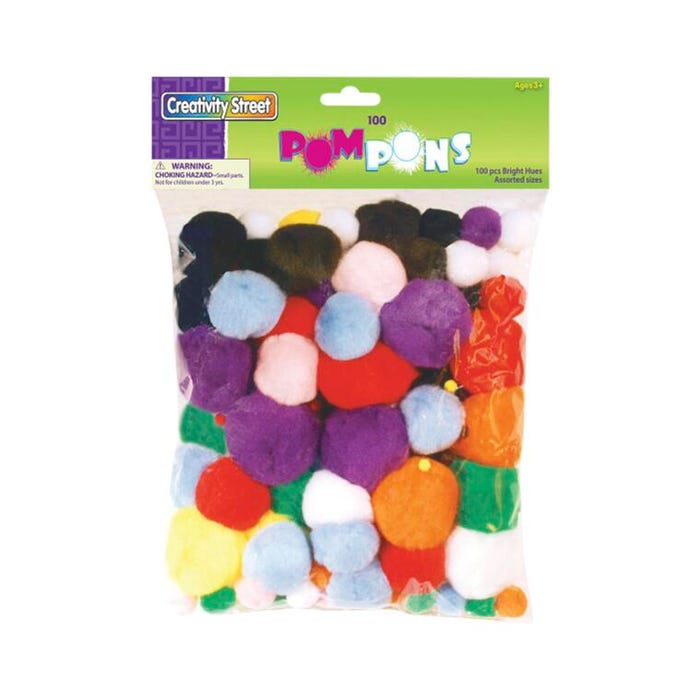 Creativity Street Pom Pons, Assorted Bright Colors, Various Sizes, Set of 100