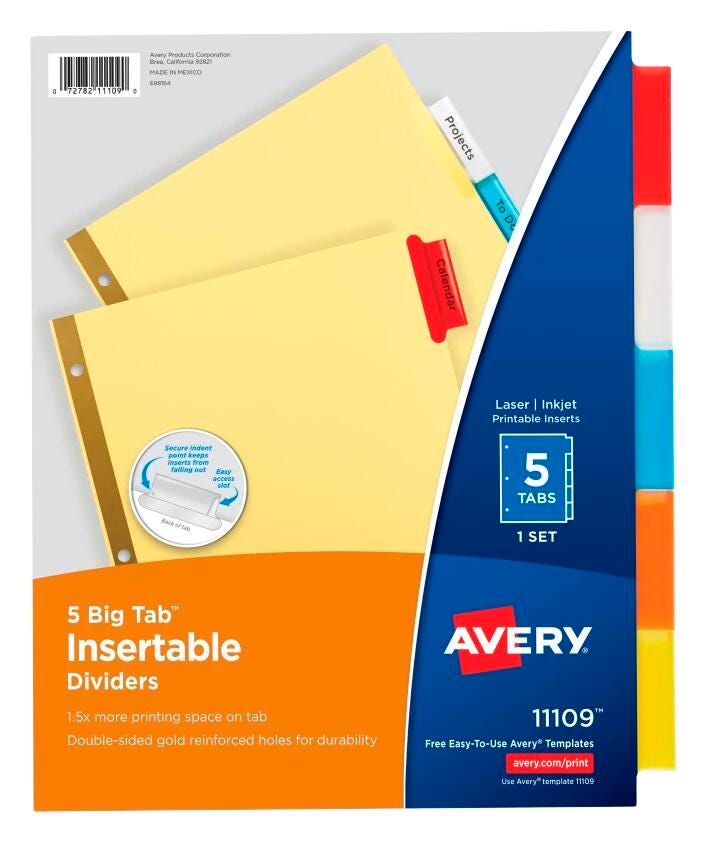 Avery Insertable Divider, Single Sided, 5 Tab, 8-1/2 x 11 Inches, Multi-Color, 1 Set 2010280