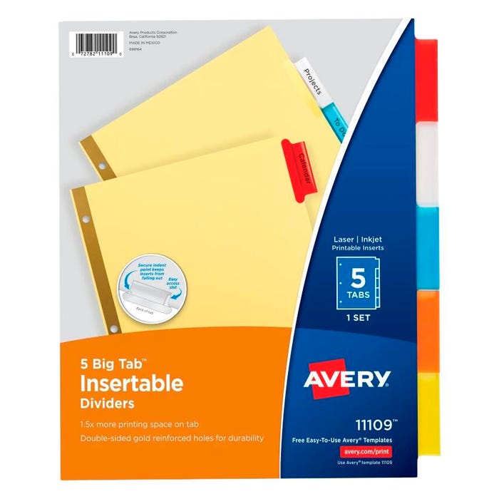Avery Insertable Divider, Single Sided, 5 Tab, 8-1/2 x 11 Inches, Multi-Color, 1 Set