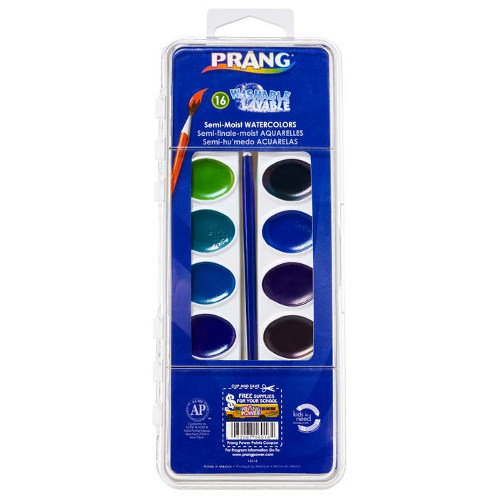 Prang Semi-Moist Washable Watercolor Paints, Plastic Pan, 16 Assorted Colors