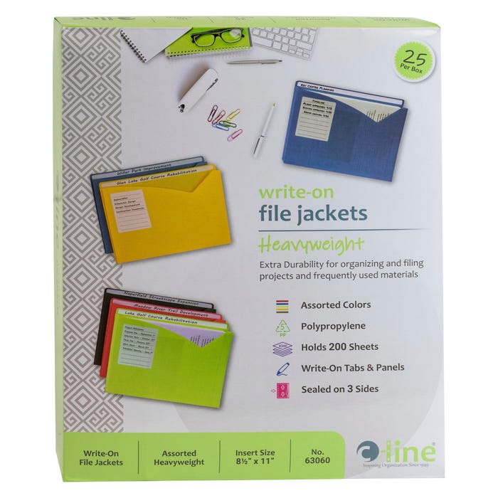 C-Line Write-On Poly File Jackets, Letter Size, Assorted Colors, Pack of 25