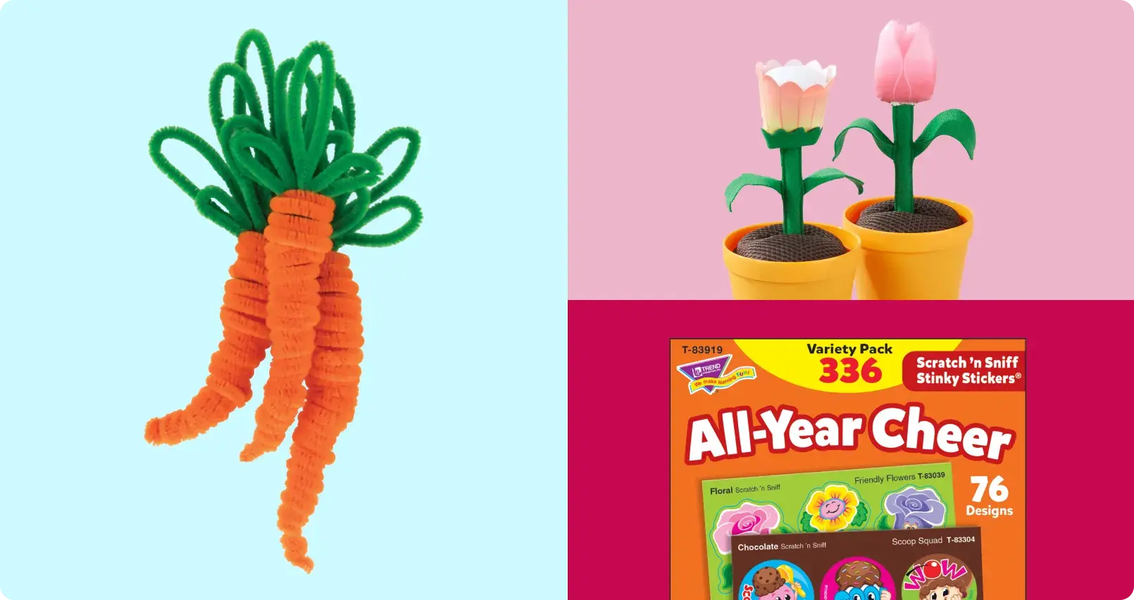 Craft project showing orange pipe cleaner carrot with green loops, potted flower craft with tulips in yellow pots, and 336-pack All-Year Cheer scratch-and-sniff stickers featuring 76 designs including floral and chocolate scents