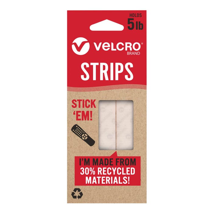 VELCRO Brand ECO Collection Stick On Adhesive Strips, 2-1/2 Inches X 3/4 Inch, White, Pack of 8