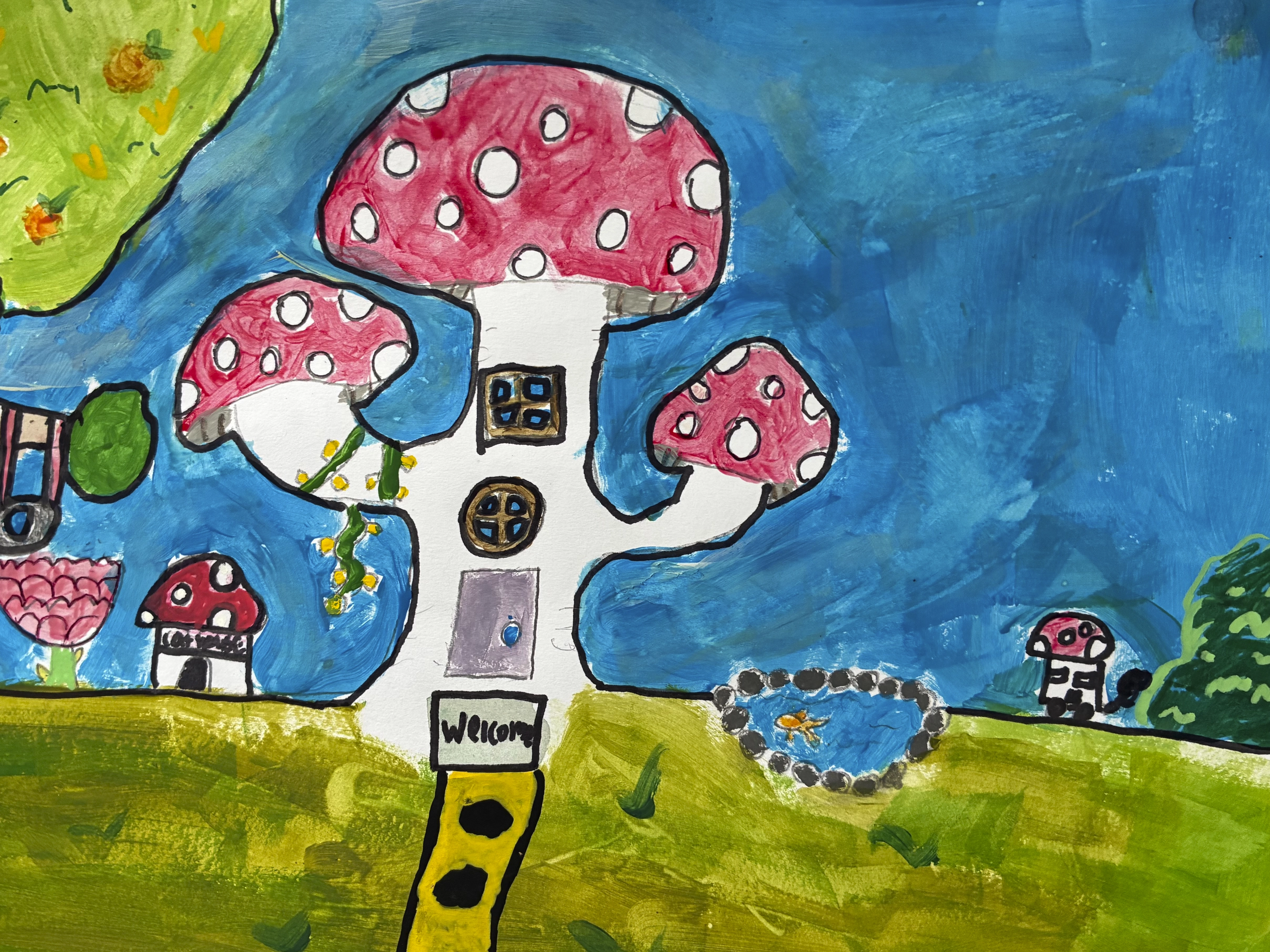 Colorful watercolor painting of a mushroom house.