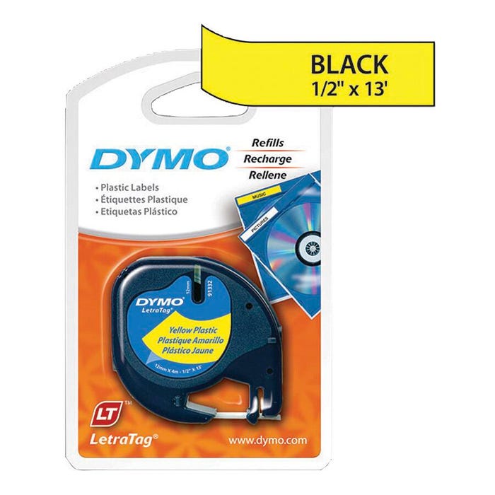 Dymo LetraTag Label Tape, 1/2 Inch x 13 Feet, Plastic, Yellow