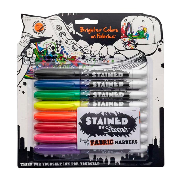 Sharpie Stained Fabric Markers, Brush Tip, Assorted Colors, Set of 8