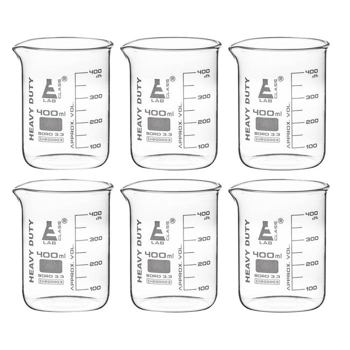 Eisco Labs Heavy Duty Beaker, Borosilicate Glass, 400mL, Pack of 6