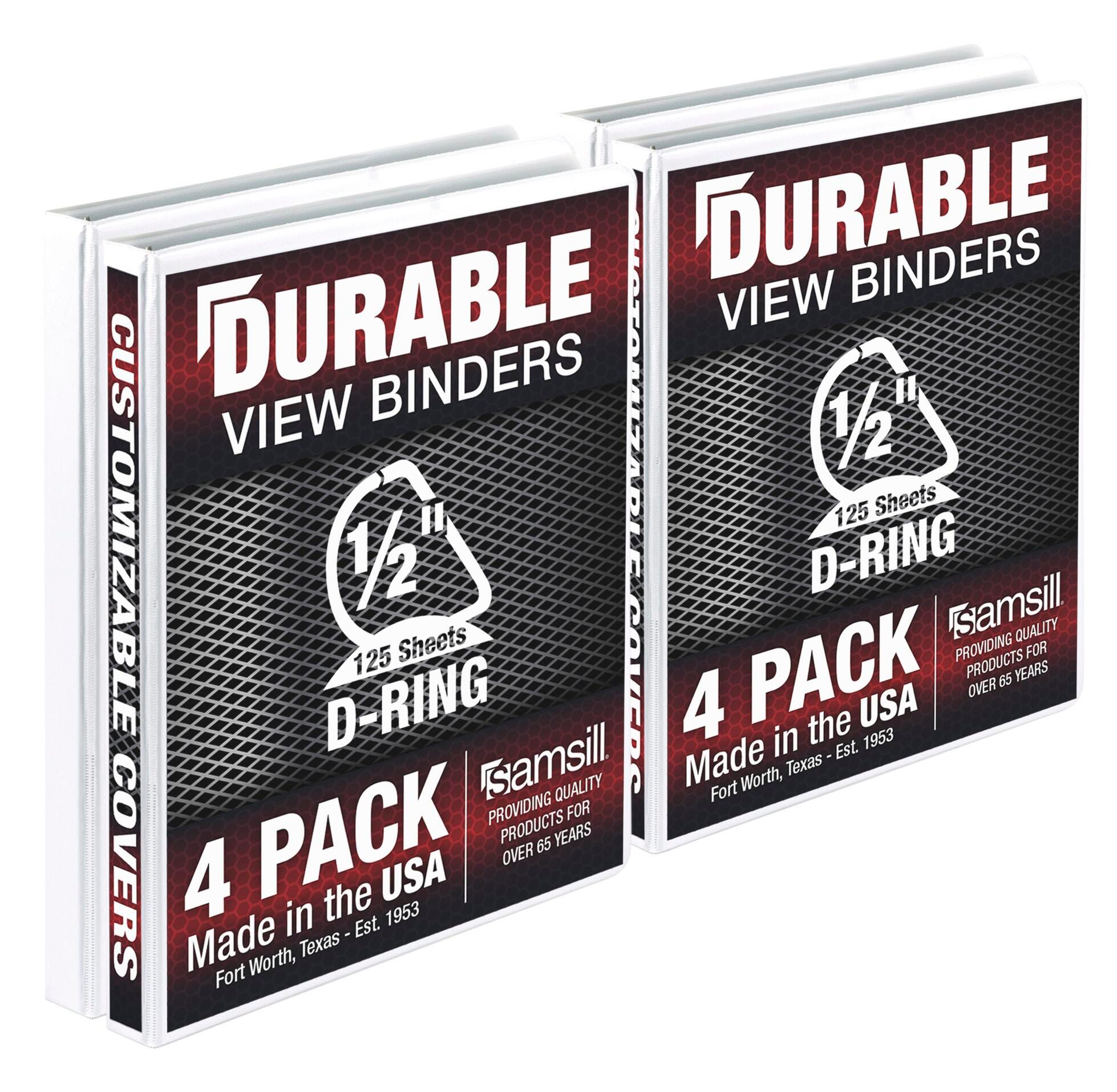 Samsill Durable 1/2 Inch Customizable D Ring Clear View Binder, White, 4 Pack, 125 Pages Capacity 2150083