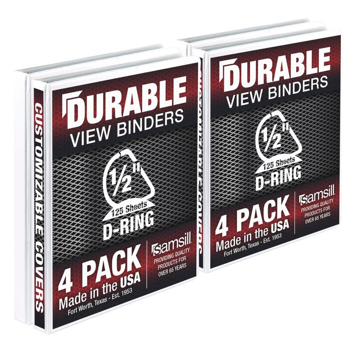 Samsill Durable View Binders, D-Ring, 1/2 Inch, White, Pack of 4