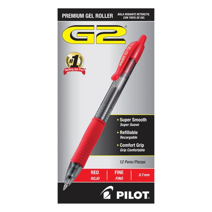 Pilot G2 Premium Retractable Gel Ink Rolling Ball Pen, Fine Point, Red Ink, Pack of 12