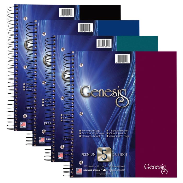 Roaring Spring Genesis 5 Subject Notebook, 11 x 9 Inches, College Ruled Assorted Colors