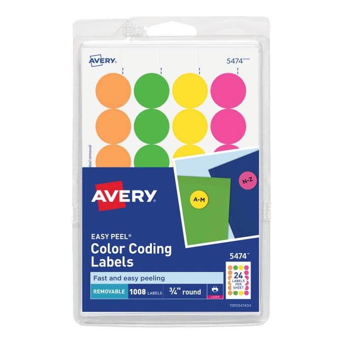 Avery Printable Color Coding Labels, 3/4 Inch Diameter, Assorted Neon, Pack of 1008