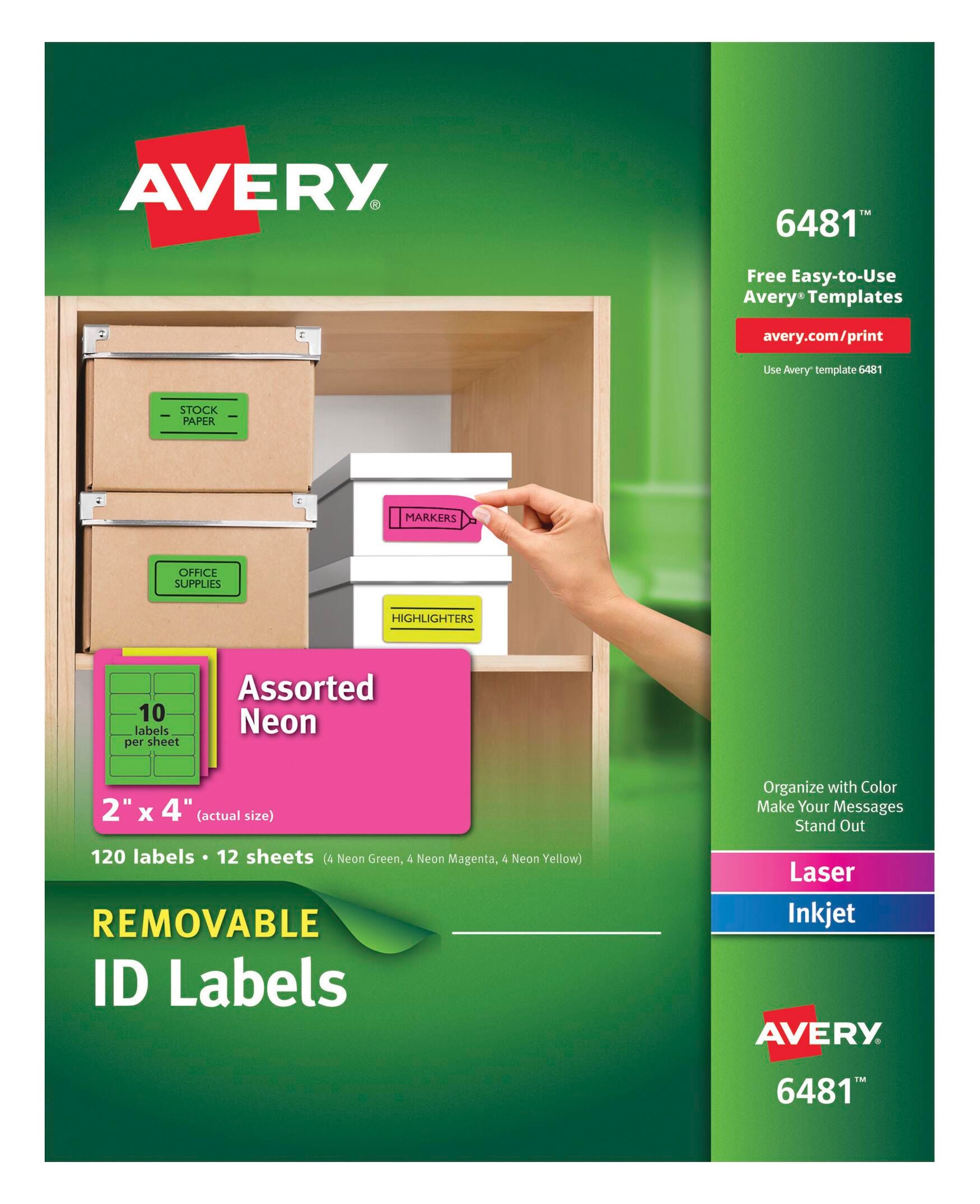 Avery Removable Labels, 2 x 4 Inches, Assorted Neon, Pack of 120 1404695