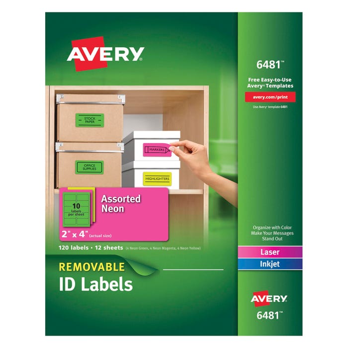 Avery Removable Labels, 2 x 4 Inches, Assorted Neon, Pack of 120
