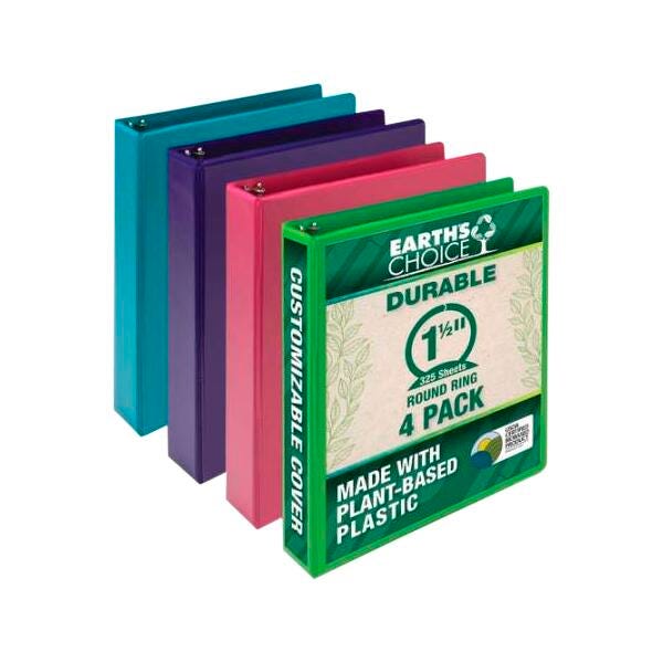 Samsill Earth Choice Fashion View Binder, Round Ring, 1-1/2 Inches, Assorted Color, Pack of 4, Item Number 2100452