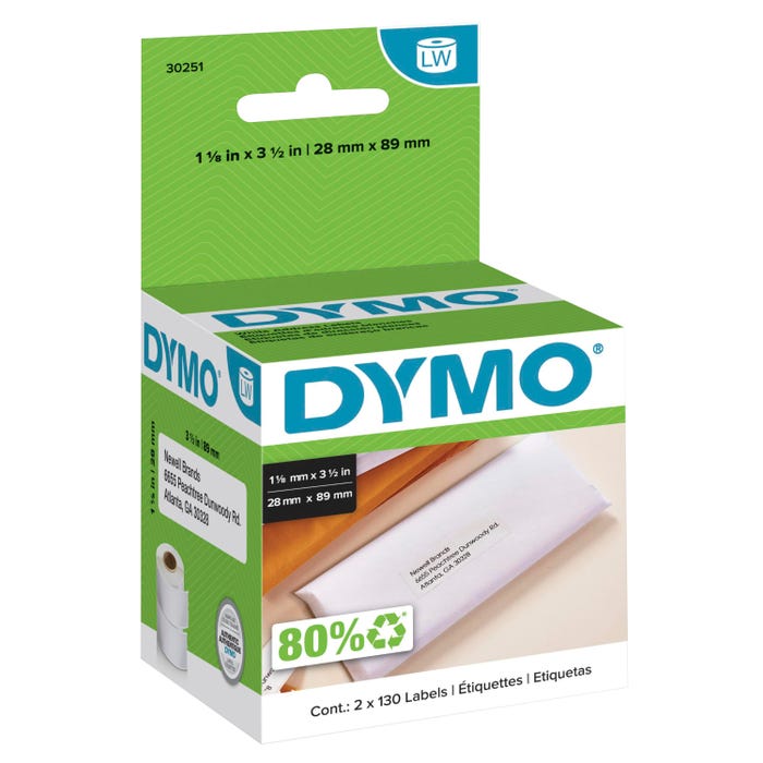 DYMO LabelWriter Address Labels, 1-1/8 x 3-1/2 Inches, White, 130 Labels/Roll, Pack of 2 Rolls
