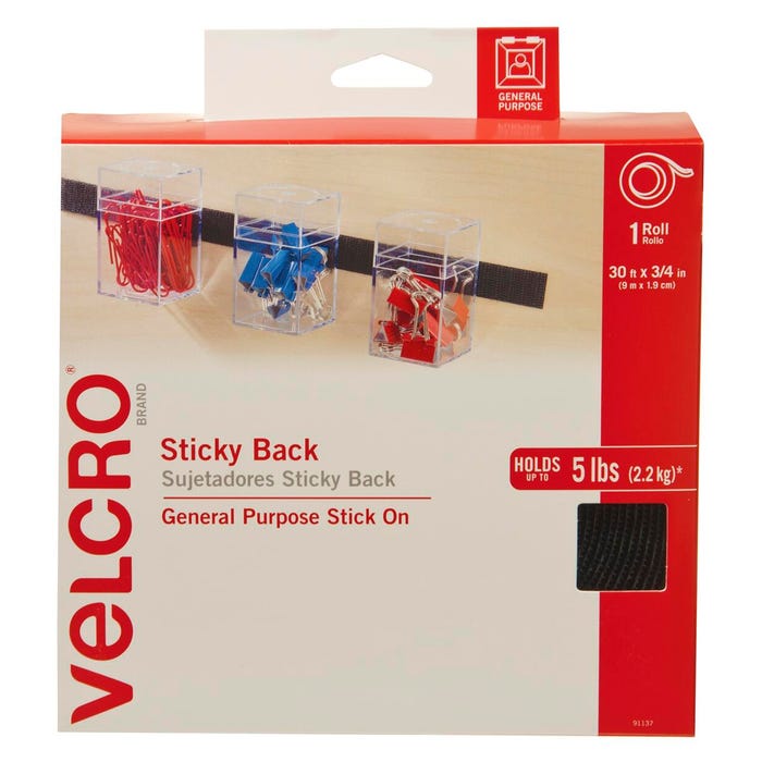 VELCRO Brand Hook and Loop Sticky Back Tape Roll, 30 Feet x 3/4 Inches, Black